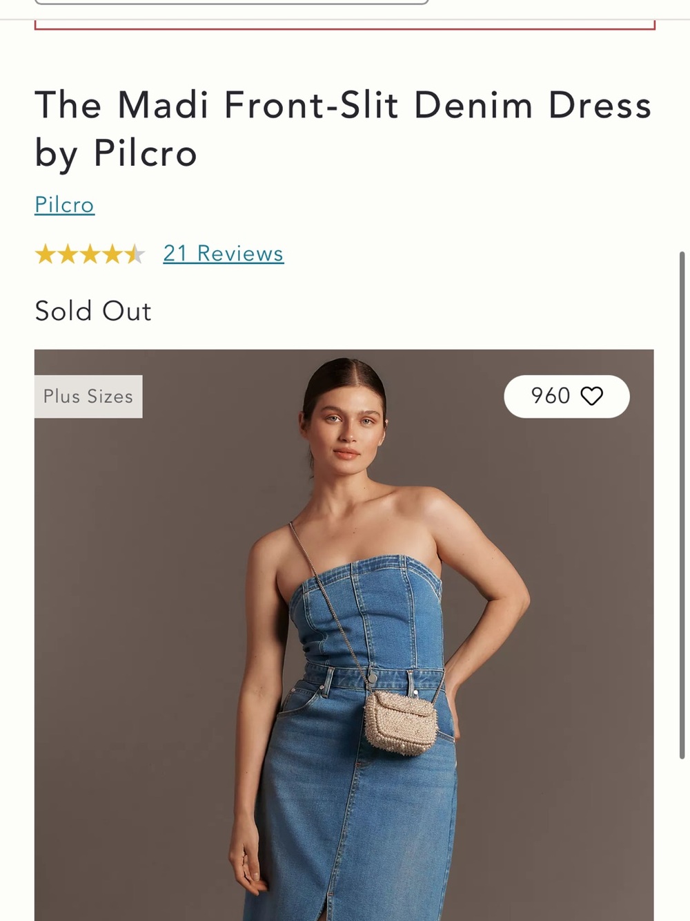 Anthropologie Pilcro Strapless Front-Slit Denim Dress EUC